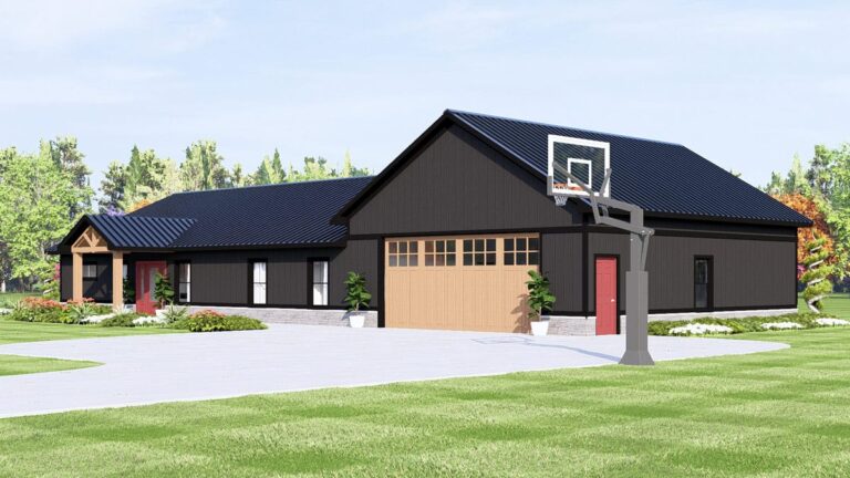 Modern Farmhouse house plan exterior with black vertical siding, a gabled covered entry, and a large garage door.