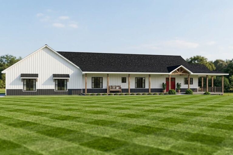 Modern Farmhouse house plan exterior with a long porch, gables, and board-and-batten siding.