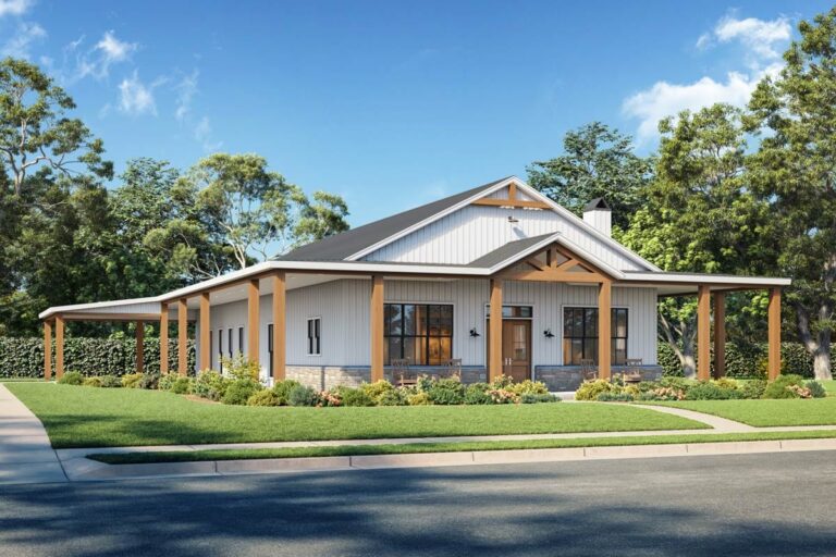 House plan exterior. Modern Farmhouse with single story, covered porch, exposed timber beams, and gabled roofline. Features stone accents.