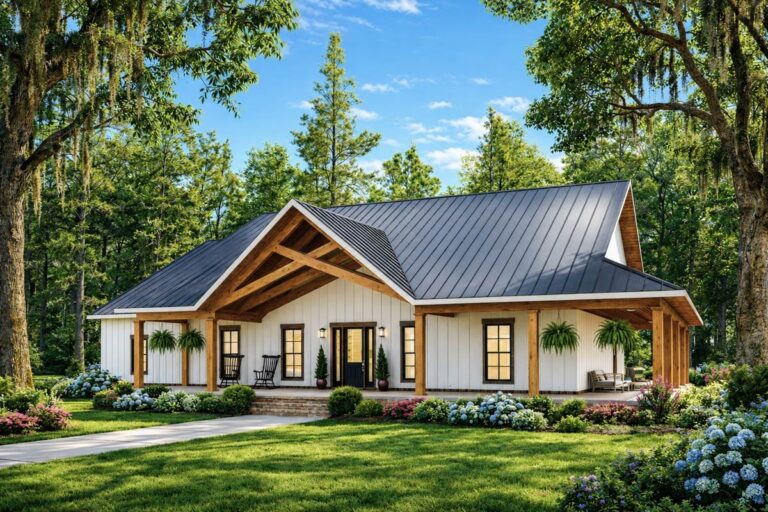 Modern farmhouse house plan exterior, 1 story, white board and batten siding, metal roof, exposed wood beams on covered porch.