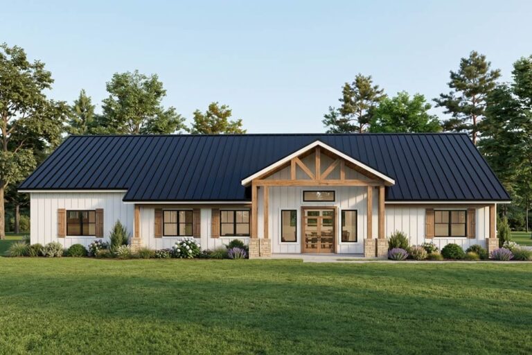 3-Bedroom 1-Story Farmhouse Barndominium With Expansive Porch And 3-Car Garage (Floor Plan)