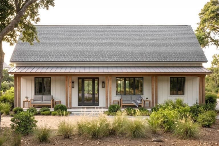 Modern farmhouse house plan exterior with a wide covered porch, board-and-batten siding, and large black-framed windows.