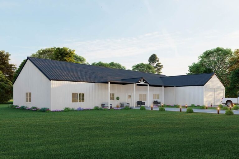 House plan exterior: Ranch style, white vertical siding, dark metal roof, covered porch with support beams, gabled entrance.