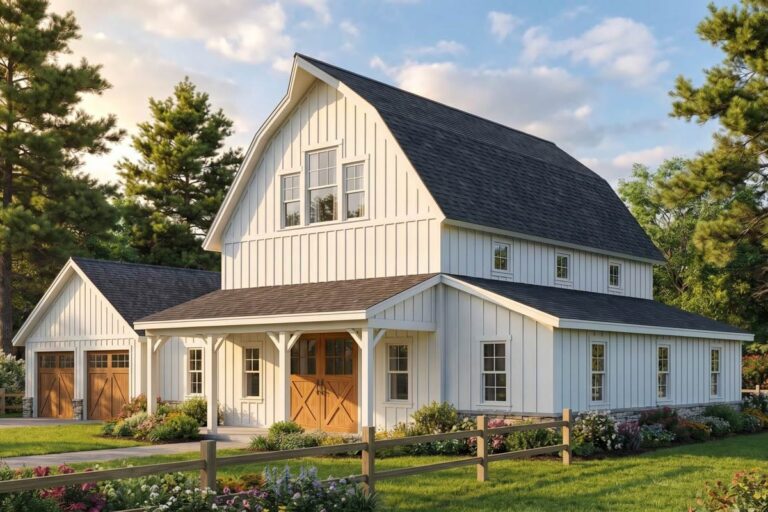 Plan 70982MK: Charming Three Bedroom Farmhouse House Plan with Attached Two Car Garage - Image #1 - Barndominium, Farmhouse