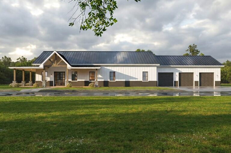 House plan exterior with board and batten siding, metal roof, covered porch, and attached three-car garage in a modern farmhouse style.