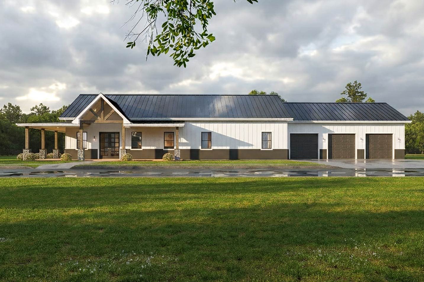 House plan exterior with board and batten siding, metal roof, covered porch, and attached three-car garage in a modern farmhouse style.